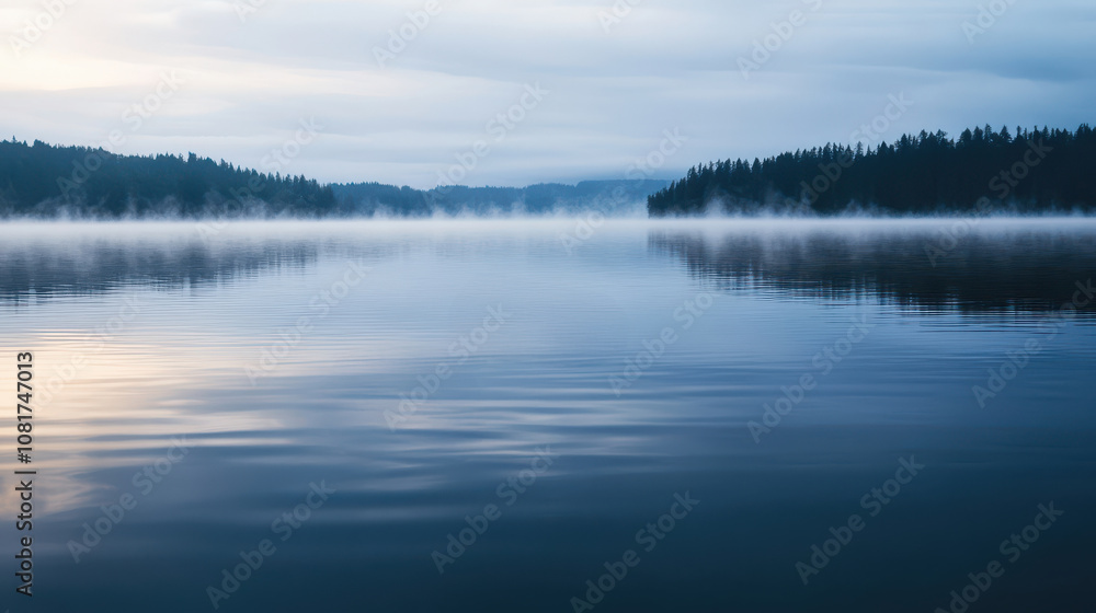 Serene landscape calm lake nestled among misty hills and evergreen trees. soft early light reflects on the water, enhancing the tranquil ambiance. perfect for nature projects. Serene landscape calm lake nestled among misty hills and evergreen trees. soft early light reflects on the water, enhancing the tranquil ambiance. perfect for nature projects.
