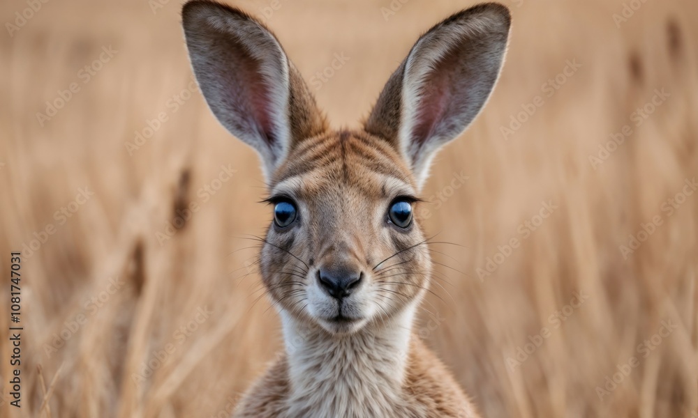 Adorable close-up of a young kangaroo with big, curious eyes and large ears, set against a soft, golden outback background, capturing its innocence and charm Adorable close-up of a young kangaroo with big, curious eyes and large ears, set against a soft, golden outback background, capturing its innocence and charm