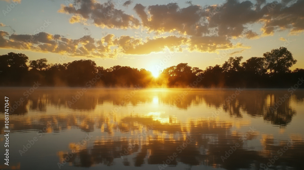 Serene sunrise casts warm orange and gold hues over tranquil water surface, with mist rising and reflections of lush greenery, perfect for wellness and relaxation themes. Serene sunrise casts warm orange and gold hues over tranquil water surface, with mist rising and reflections of lush greenery, perfect for wellness and relaxation themes.