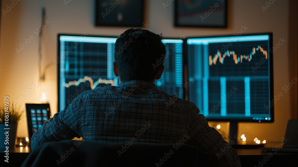 person looking at dual computer screens displaying financial data and charts, immersed in analysis. dimly lit room creates focused atmosphere for work person looking at dual computer screens displaying financial data and charts, immersed in analysis. dimly lit room creates focused atmosphere for work