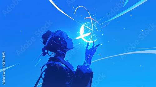 A woman with glowing blue hair stands against a blue sky, holding a glowing sphere in her hand. Streams of light emanate from the sphere and the woman's hair.