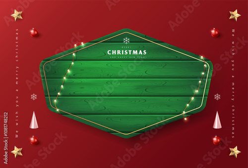 Merry Christmas sign banner green wood frame with empty space and festive decoration on red background