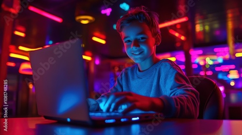 A young boy smiling while using a laptop in a neon-lit room.