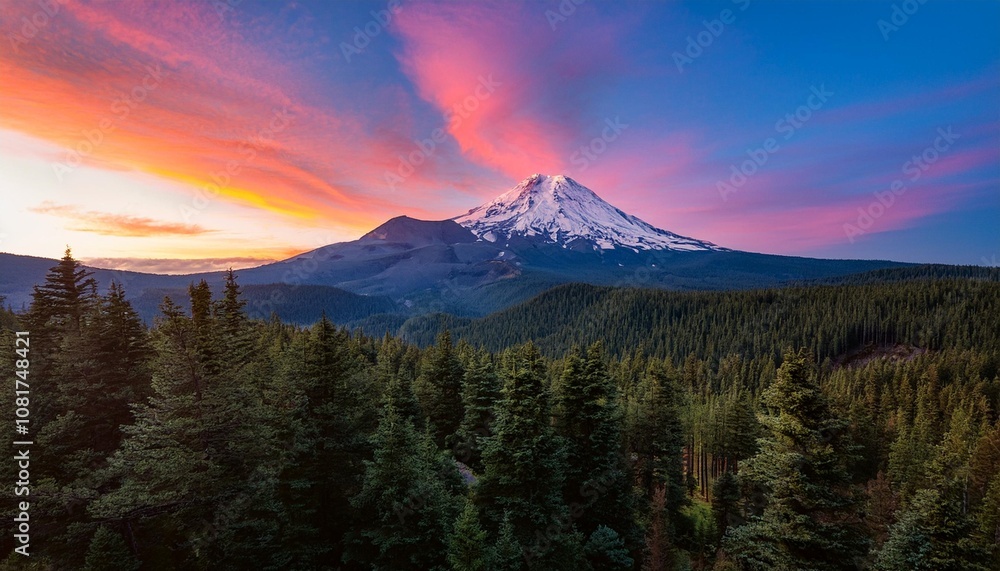 Fototapeta premium Snow-Capped Volcano Towering Over a Serene Valley, Captured at Sunset With Vibrant Orange and Pink Hues in the Sky, Surrounded by a Dense Pine Forest for a Stunning Nature Landscape