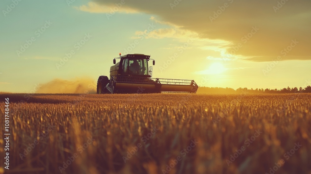 Fototapeta premium The sun sets over a vast golden wheat field as a farmer skillfully operates a modern harvester, gathering the crops in autumn