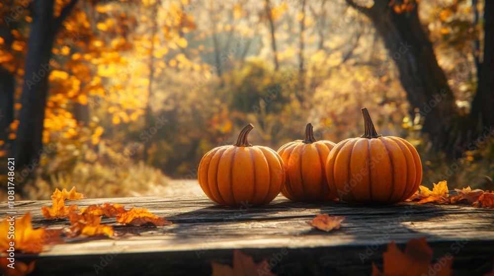 Three vibrant pumpkins on a wooden table surrounded by autumn leaves and trees glowing with orange colors. Three vibrant pumpkins on a wooden table surrounded by autumn leaves and trees glowing with orange colors.