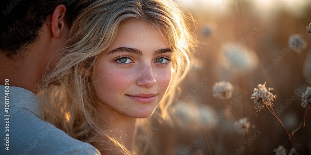 A young couple embraces in a field at sunset, their faces close, expressing a deep connection and the warmth of young love in a golden light. A young couple embraces in a field at sunset, their faces close, expressing a deep connection and the warmth of young love in a golden light.