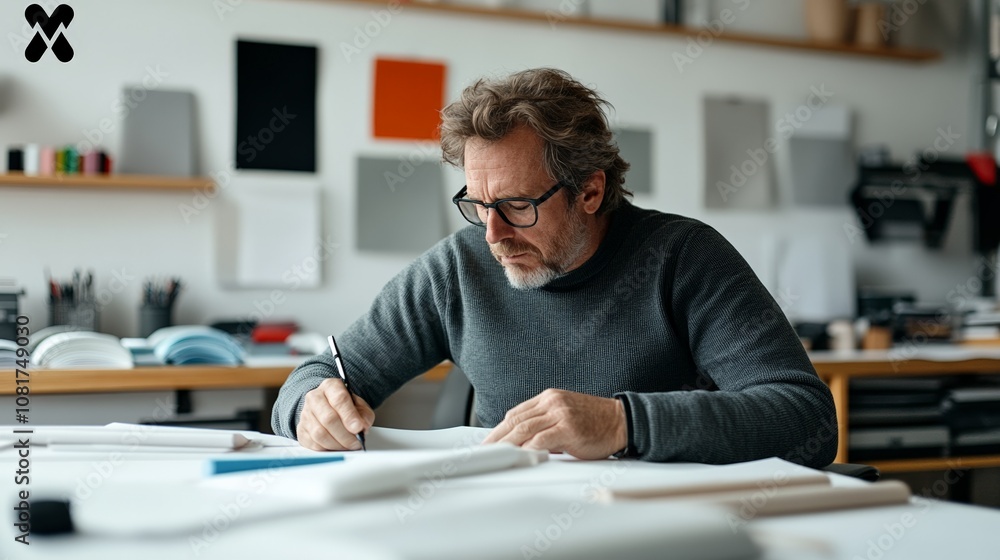 A focused man working at a desk in a creative studio, surrounded by papers and tools, concentrating on his writing in a modern and minimalistic workspace. A focused man working at a desk in a creative studio, surrounded by papers and tools, concentrating on his writing in a modern and minimalistic workspace.