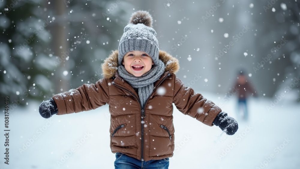 A young child clad in warm winter attire joyfully runs through a snowy forest, surrounded by falling snowflakes and a serene winter landscape A young child clad in warm winter attire joyfully runs through a snowy forest, surrounded by falling snowflakes and a serene winter landscape
