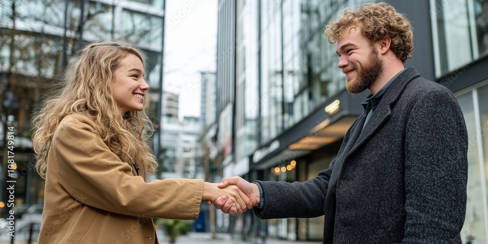 Two young people in warm jackets and backpacks shake hands on a city street, symbolizing friendship, meeting, and connection in an urban setting. Two young people in warm jackets and backpacks shake hands on a city street, symbolizing friendship, meeting, and connection in an urban setting.