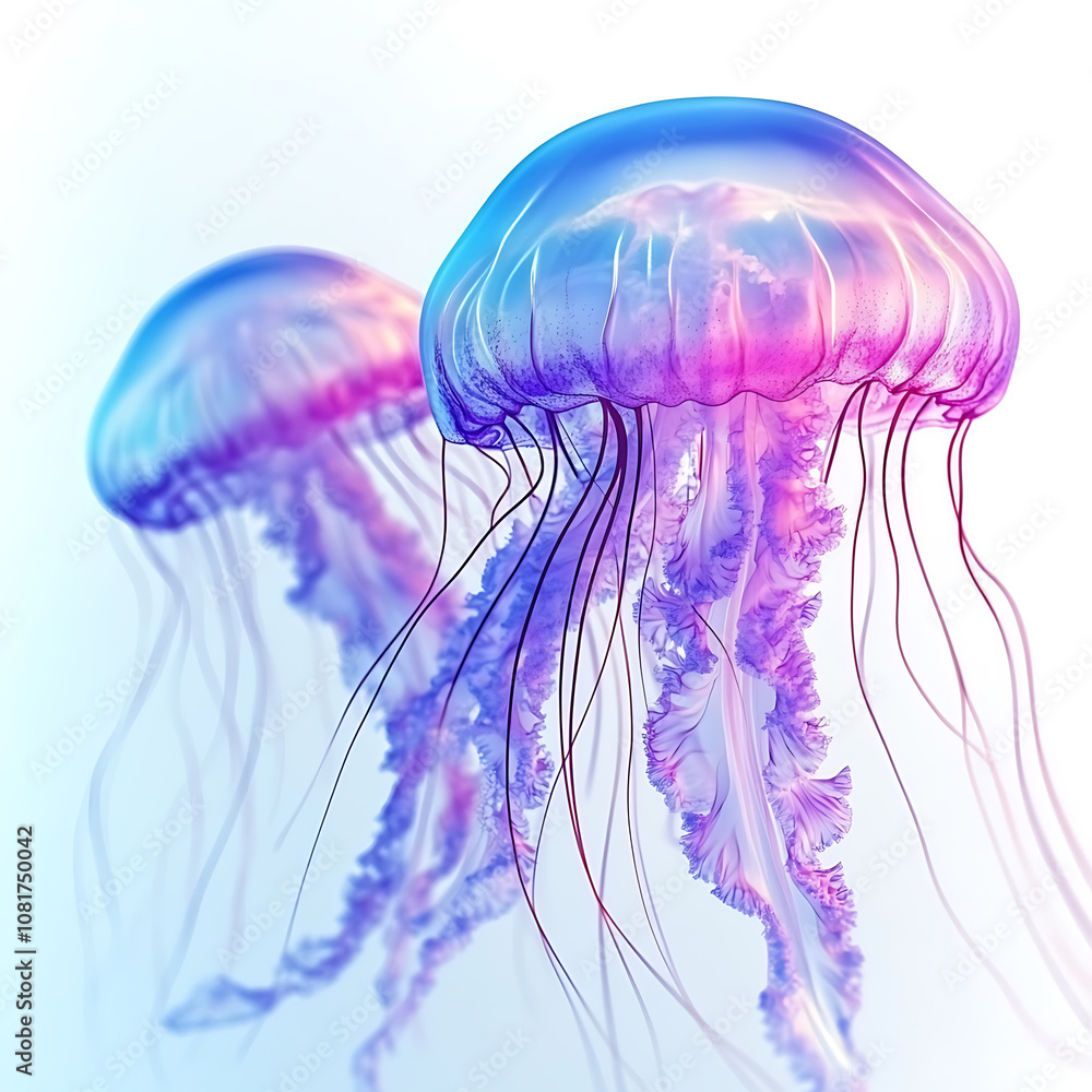 Vibrant jellyfish gracefully swimming in clear water, showcasing their intricate tentacles and ethereal glow, captured in an underwater setting Vibrant jellyfish gracefully swimming in clear water, showcasing their intricate tentacles and ethereal glow, captured in an underwater setting