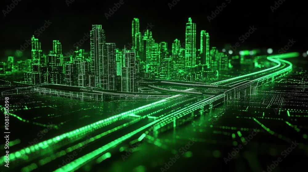 Abstract green digital landscape with city, highway and tall buildings. 3D Rendering Abstract green digital landscape with city, highway and tall buildings. 3D Rendering
