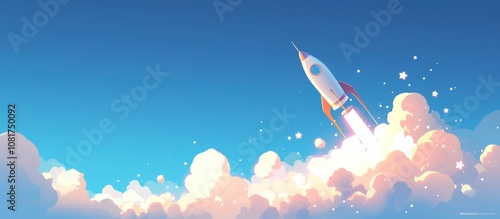 A white and red rocket ship blasts off into a clear blue sky with clouds. photo