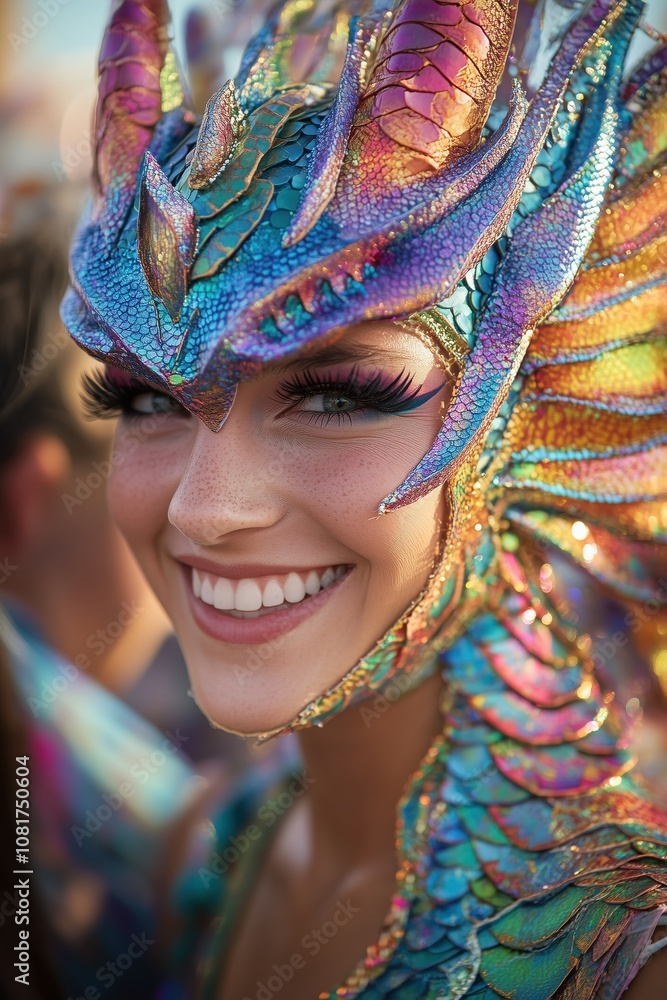 Obraz premium Mujer sonriente con un elaborado disfraz de dragón en un festival de carnaval