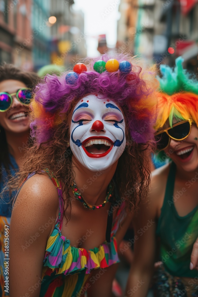 Mujer Payaso riendo con amigas en un vibrante festival callejero de carnaval Mujer Payaso riendo con amigas en un vibrante festival callejero de carnaval