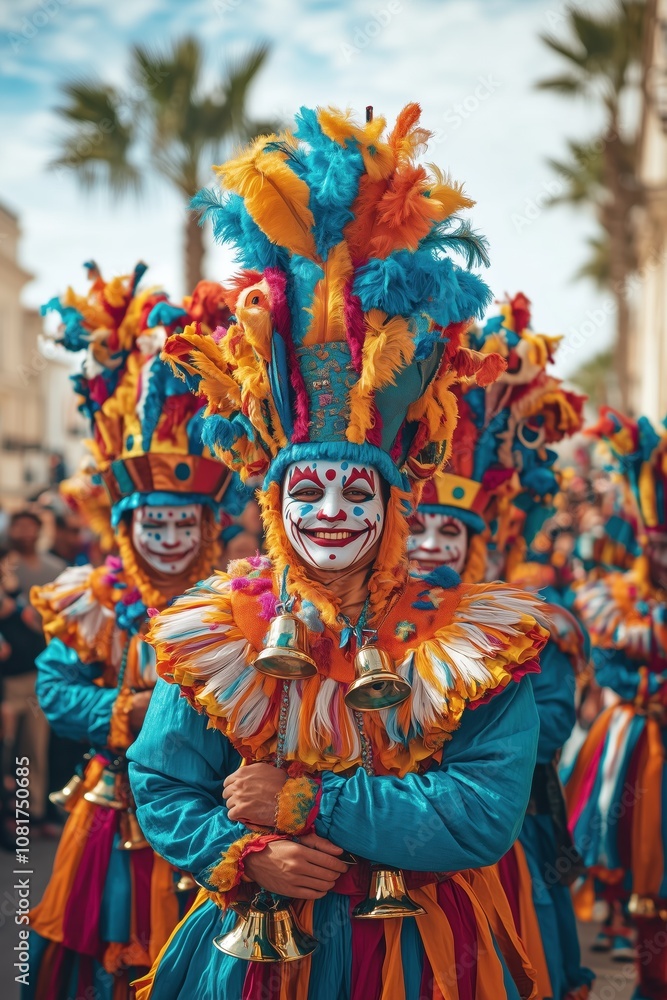 Artistas con trajes de plumas vibrantes en un desfile callejero de carnaval Artistas con trajes de plumas vibrantes en un desfile callejero de carnaval