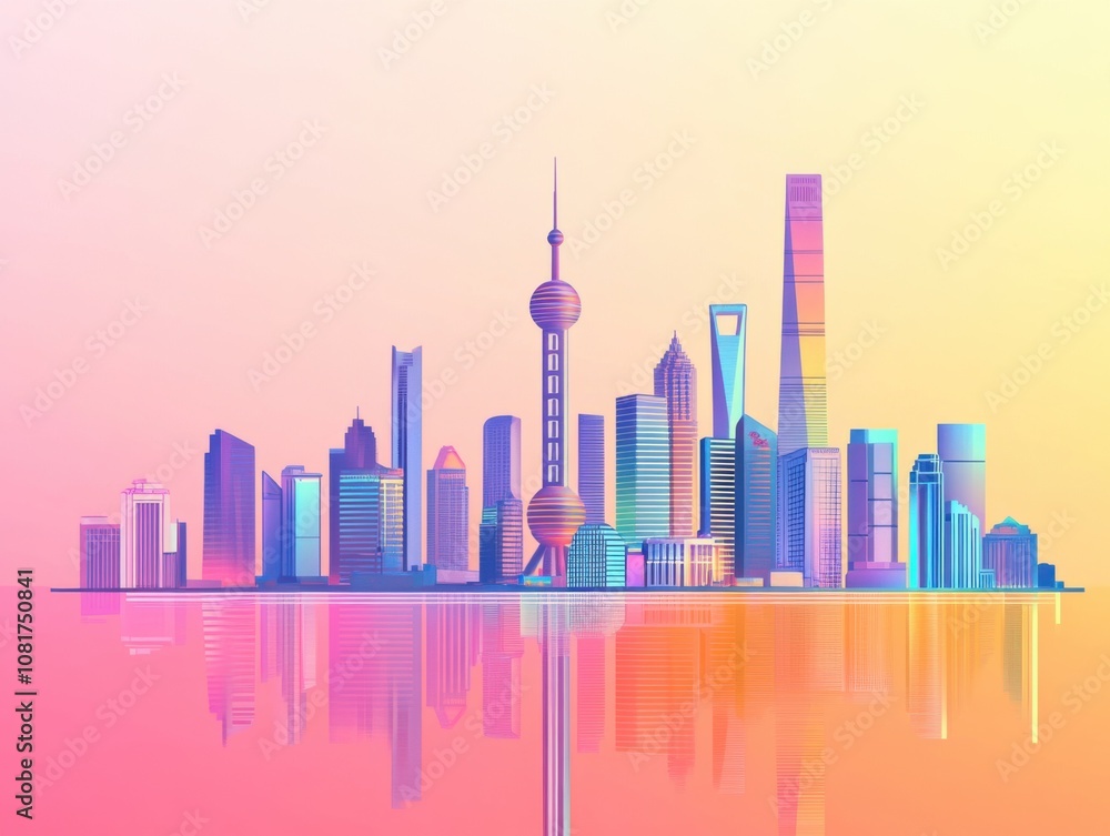 Shanghai city buildings, simple shapes, bright colors, gradient colors, light colors, bright tones, flat style Shanghai city buildings, simple shapes, bright colors, gradient colors, light colors, bright tones, flat style