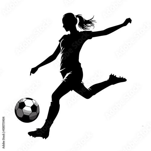 Silhouette of a female football player kicking the ball in an energetic pose without background
