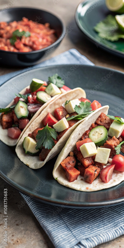 A plate of tempeh tacos with avocado, salsa, and fresh ingredients, showcasing a vibrant and healthy meal. A plate of tempeh tacos with avocado, salsa, and fresh ingredients, showcasing a vibrant and healthy meal.