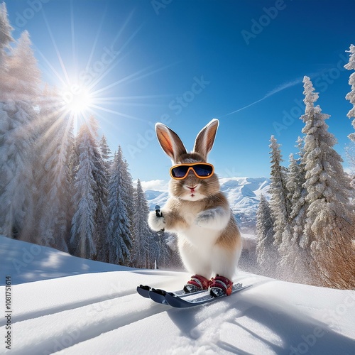 Skiing rabbit in stylish orange sunglasses and purple mittens, gliding down snowy mountain landscape.