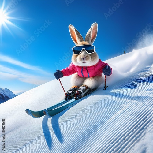 Adventurous rabbit skiing in vibrant sunglasses and mittens on a sunny snow-covered mountain slope.