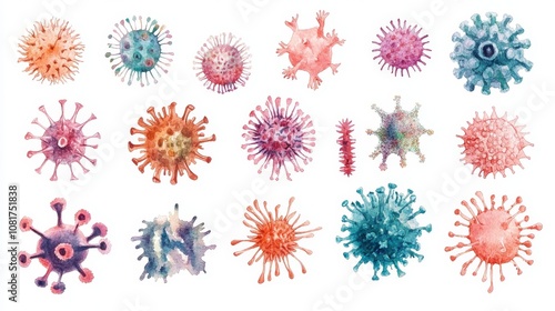 various virus on white background. illustration watercolor style 