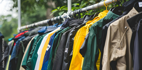 A rack displaying various colorful jackets and shirts for sale or display.