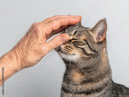 Elderly Cat Love Concept. A hand gently pets a striped cat's nose, showcasing a tender moment of affection between human and pet. photo