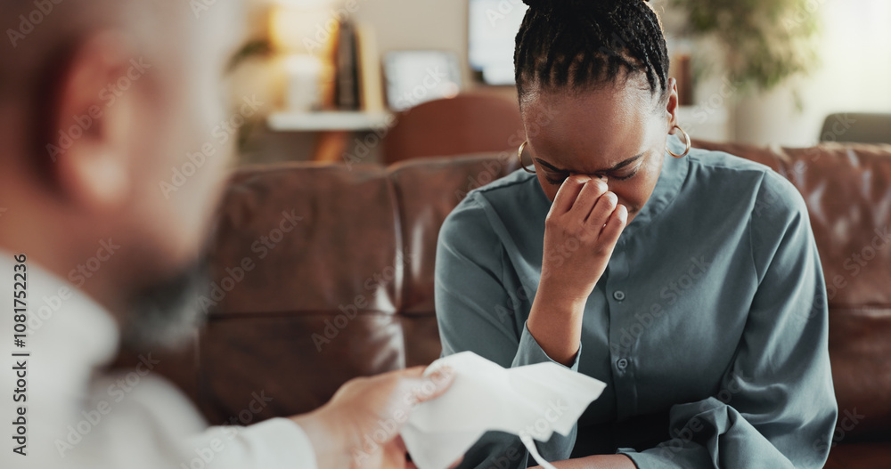 Psychologist, woman and crying in office, mental health and grief therapy with support. Counselling, people or therapist with depression, trauma or empathy with sympathy, patient or stress with tears Psychologist, woman and crying in office, mental health and grief therapy with support. Counselling, people or therapist with depression, trauma or empathy with sympathy, patient or stress with tears