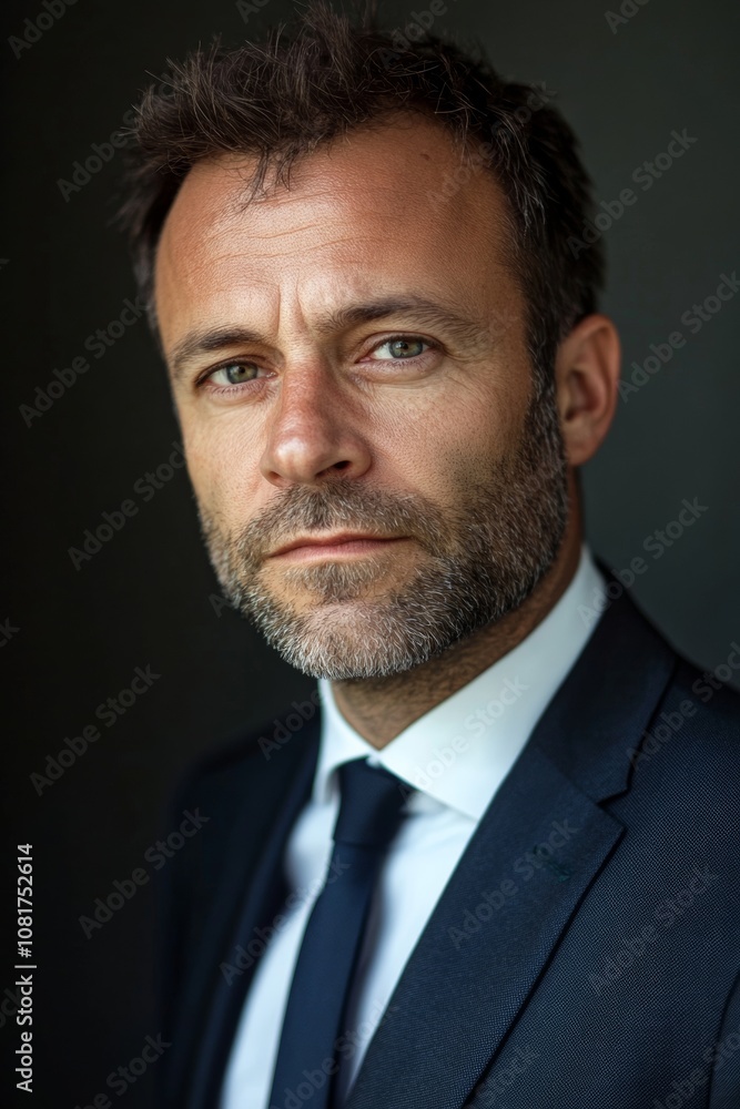 A man with a well-groomed beard and intense expression stands in a tailored suit, showcasing confidence and professionalism in a studio setting A man with a well-groomed beard and intense expression stands in a tailored suit, showcasing confidence and professionalism in a studio setting