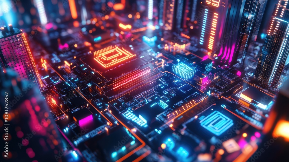 Neon-lit circuit boards a cityscape Neon-lit circuit boards a cityscape