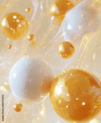 Surreal Still Life of Collagen Derm Product – White & Gold Glow for Radiant Complexion with Luminous Spheres and Three-Dimensional Illusion photo