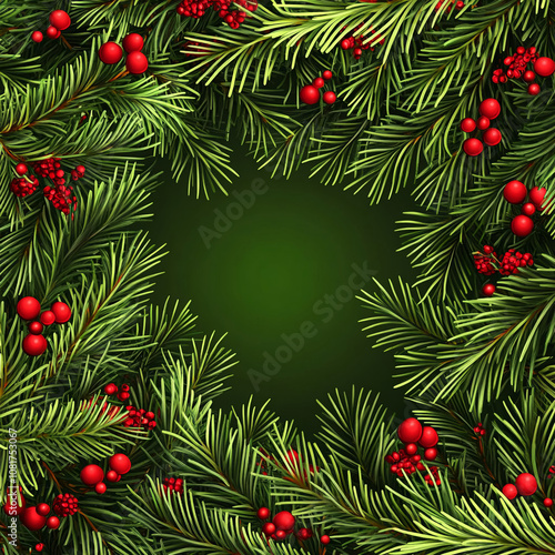 Festive Evergreen Border with Red Berries, Holiday Season Decor