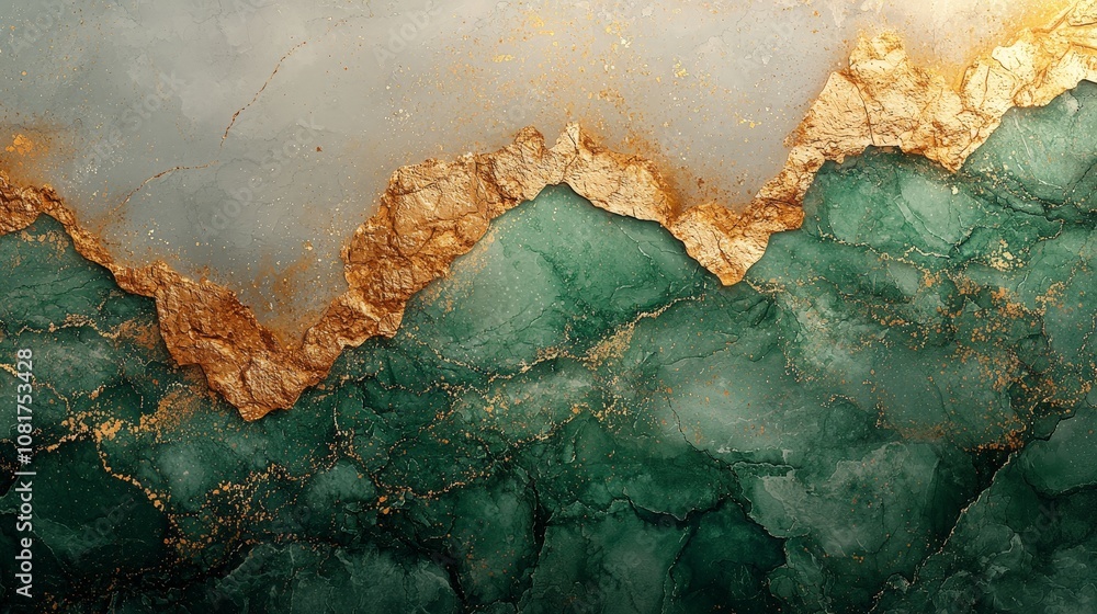 Abstract design featuring green and gold textures with a marbled effect. Abstract design featuring green and gold textures with a marbled effect.