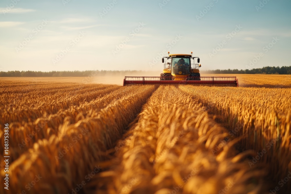 A tractor skillfully cuts through golden wheat in a vast field during the late afternoon. The warm light highlights the endless rows of ripened grain A tractor skillfully cuts through golden wheat in a vast field during the late afternoon. The warm light highlights the endless rows of ripened grain