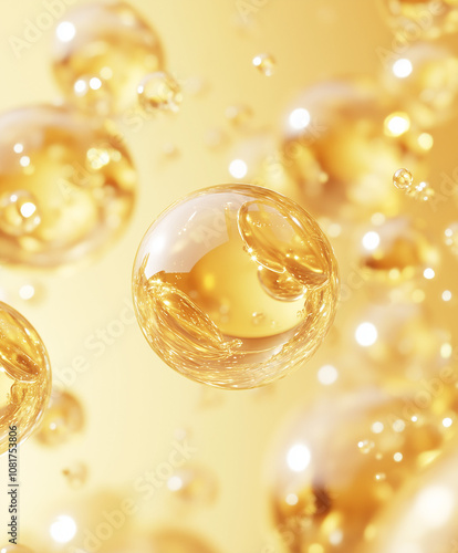 Surreal Still Life of Collagen Derm Product – White & Gold Glow for Radiant Complexion with Luminous Spheres and Three-Dimensional Illusion