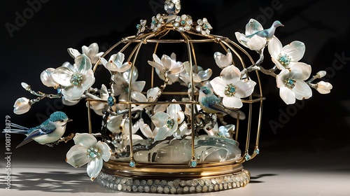 Pearl encrusted aquamarine blossoms and an aviary enclosure photo