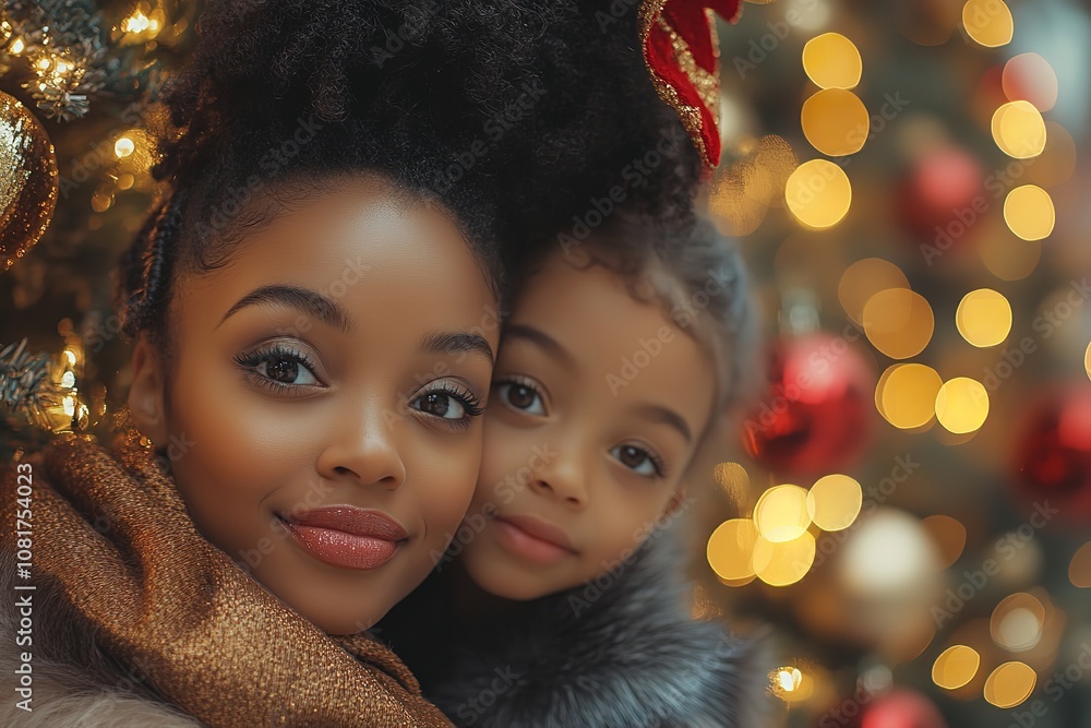 Mom and daughter celebrating Christmas together by a decorated tree Mom and daughter celebrating Christmas together by a decorated tree