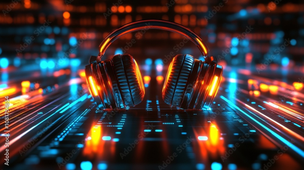 A pair of sleek headphones sits against a vibrant, illuminated backdrop filled with glowing neon lines and digital patterns, creating a futuristic atmosphere A pair of sleek headphones sits against a vibrant, illuminated backdrop filled with glowing neon lines and digital patterns, creating a futuristic atmosphere