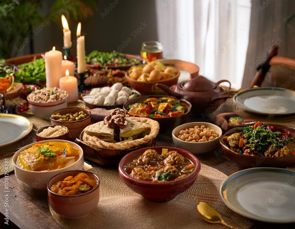 Delectable Spread of Traditional Spring Holiday Foods, Captured with No People for a Focus on Festive Cuisine and Table Arrangements in a Cozy Interior Setting Delectable Spread of Traditional Spring Holiday Foods, Captured with No People for a Focus on Festive Cuisine and Table Arrangements in a Cozy Interior Setting