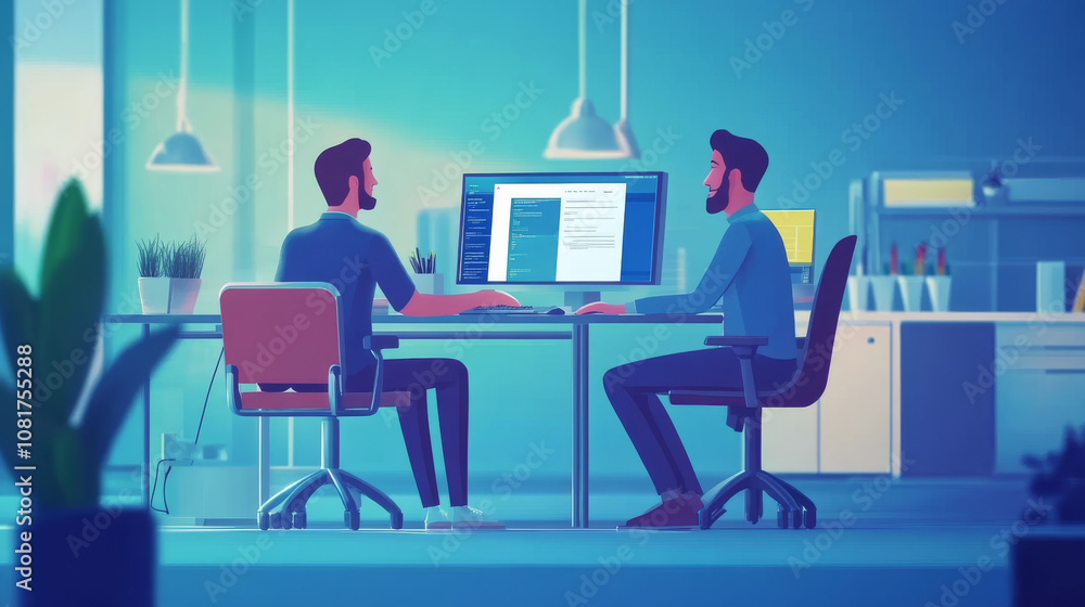 IT developers are working together on their computers to create new software. They are talking about how to make their program better and easier to use. This updated software is ready to be sold. IT developers are working together on their computers to create new software. They are talking about how to make their program better and easier to use. This updated software is ready to be sold.