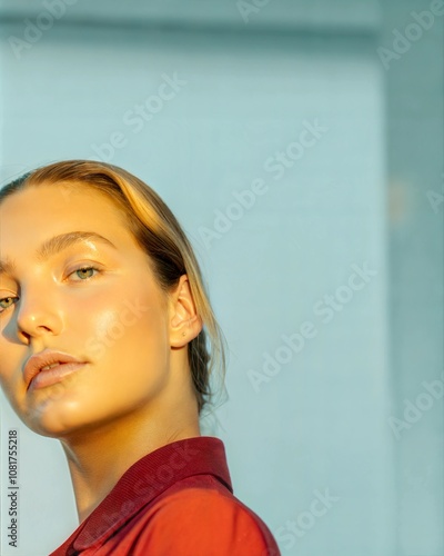 Contemporary Fashion Profile with Red Garment Against Cool Mint Background