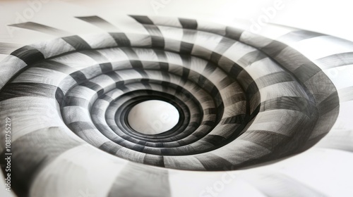 Abstract black and white swirl design with a central hole.