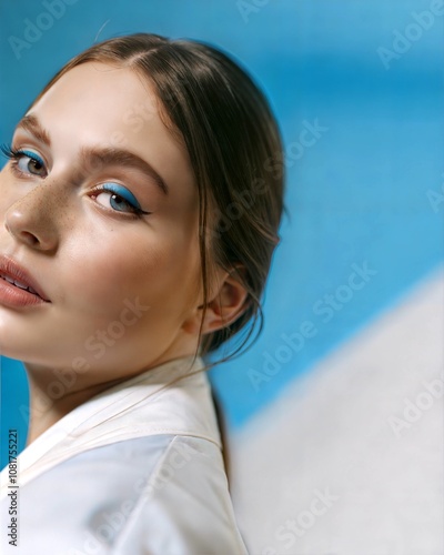 Ethereal Beauty Portrait in White Against Gradient Blue Sky Background