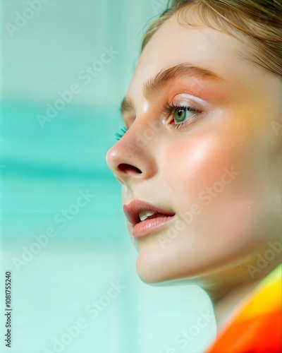 Fresh Beauty Portrait with Side Profile Against Mint Rainbow Gradient