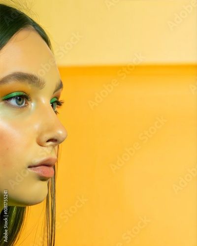 Minimalist Beauty Portrait Against Vibrant Yellow Background with Side Light