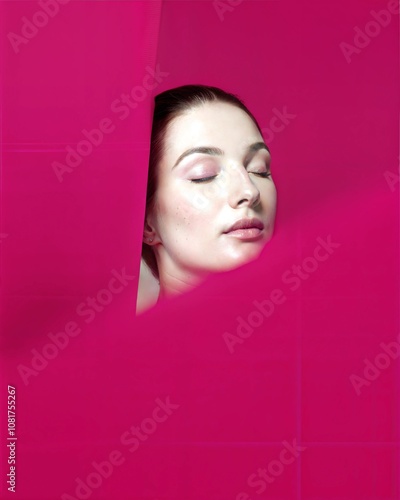 Elegant Beauty Portrait Against Magenta Background with Closed Eyes