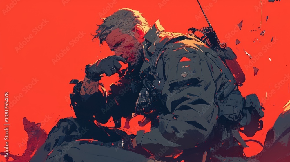 A soldier sits hunched over, resting his head on his hand, against a red background. A soldier sits hunched over, resting his head on his hand, against a red background.