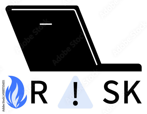 Laptop silhouette with flame, exclamation mark in triangle, and RISK text. Ideal for technology caution, safety protocols, cybersecurity awareness, risk assessment, computer warning, workplace