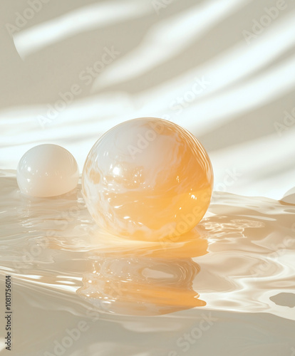 Surreal Still Life of Collagen Derm Product – White & Gold Glow for Radiant Complexion with Luminous Spheres and Three-Dimensional Illusion photo